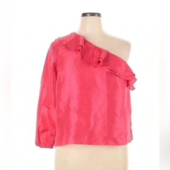 J. Crew 100% Silk Pink Shantung Ruffle One Sleeve Top Blouse Plus Size 14 NWT - Picture 2 of 3